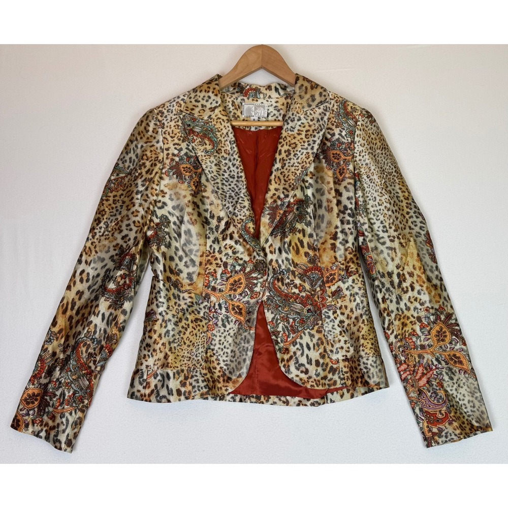 VTG Alberto Makali 100% Silk Blazer Jacket Leopard & Floral Paisley Print‎ Sz 8